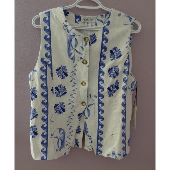 Rachel Zoe Linen Blend Blue White Sleeveless Vest Top Size Large Coastal Classic - Picture 1 of 11
